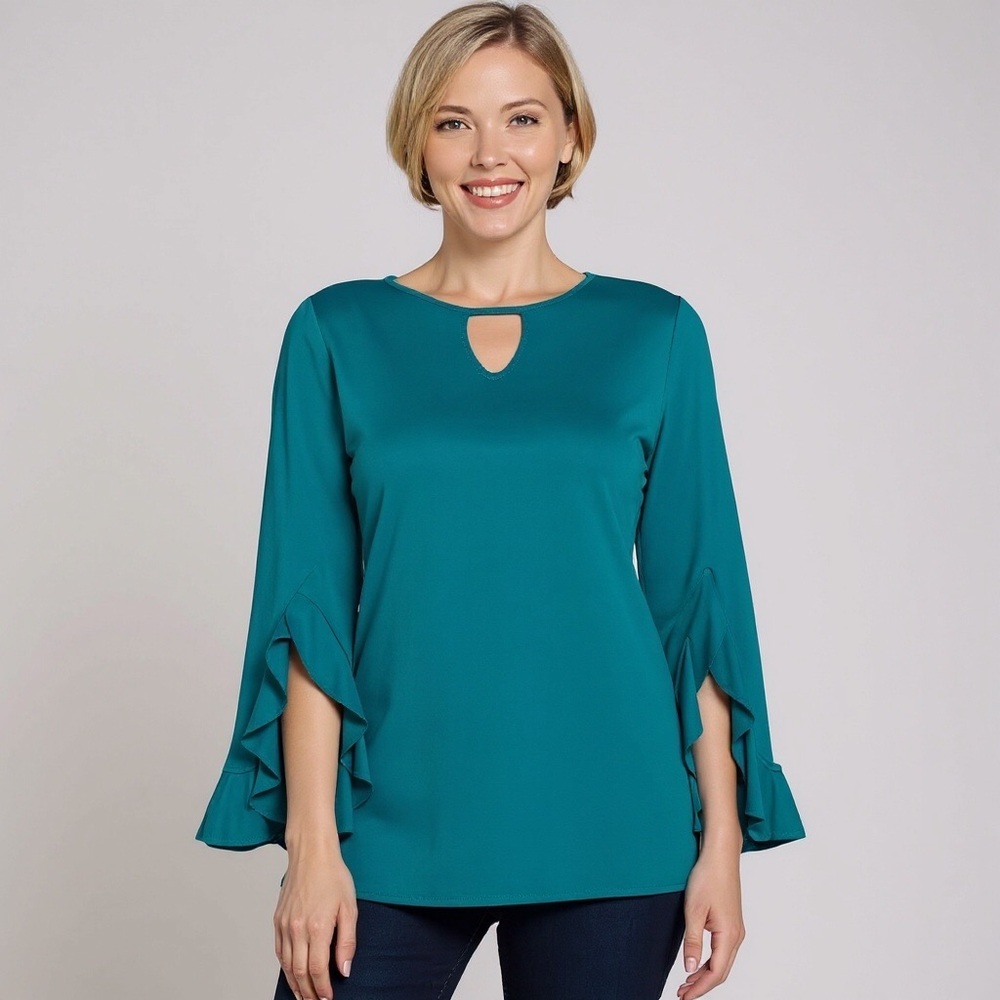 CLEARANCE | Isaac Mizrahi Keyhole Knit Top w/Split Ruffle Fluted Sleeve Blouse - Picture 2 of 14